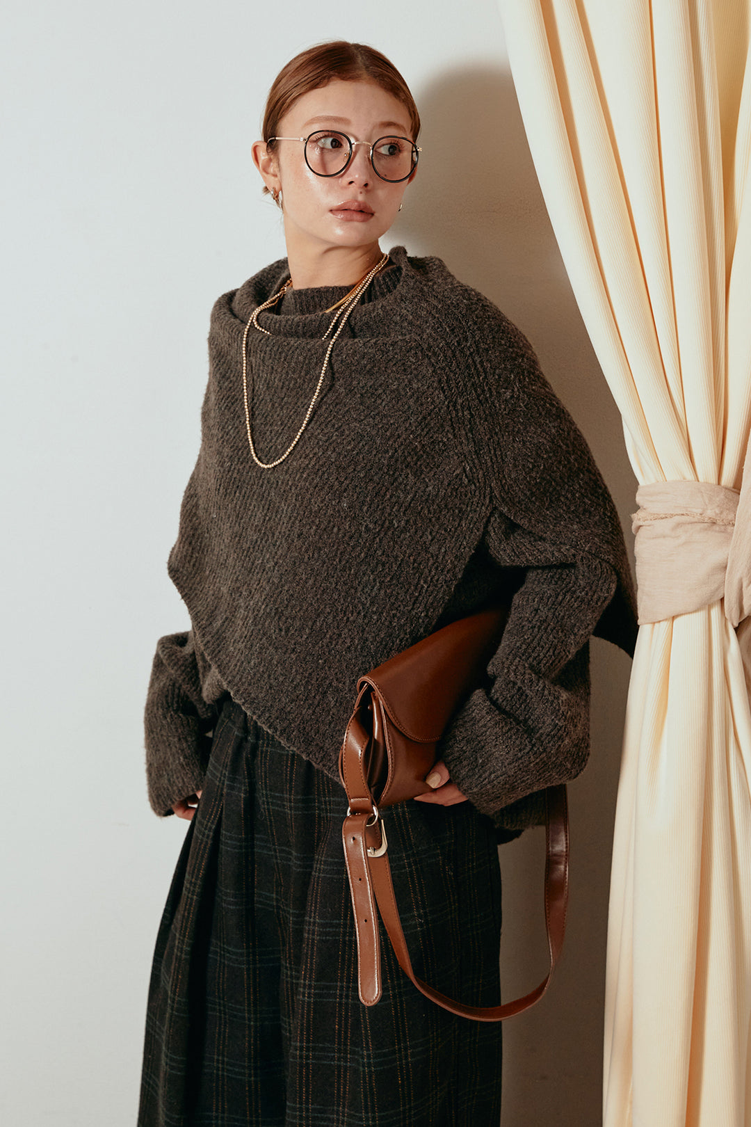 [SET]ケープデザインリブニットトップス+タータンチェック柄タックパンツ(2set)