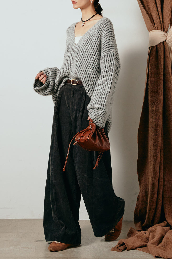 [SET]アルパカタッチ深Vニットトップス+タック入りコーデュロイワイドパンツ(2set)