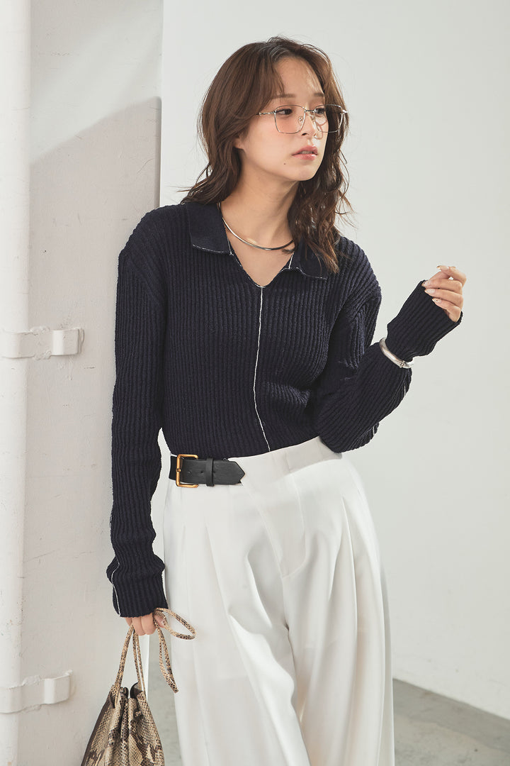 [SET]衿付きニットプルオーバー+サイドベルトタック入りスラックス(2set)