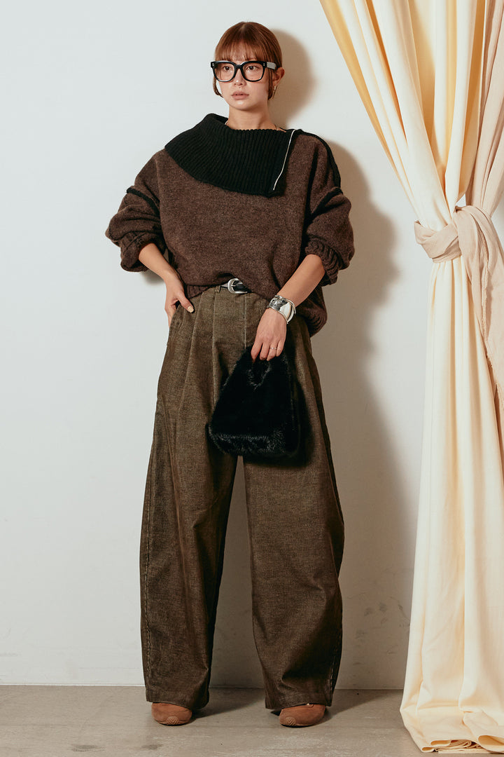 [SET]ハイネックジップデザインニットトップス+フロントタック入りコーデュロイパンツ(2set)