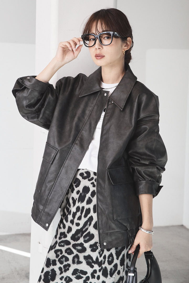 [SET]レザーライクオーバーサイズブルゾン+レオパードサテンナロースカート(2set)