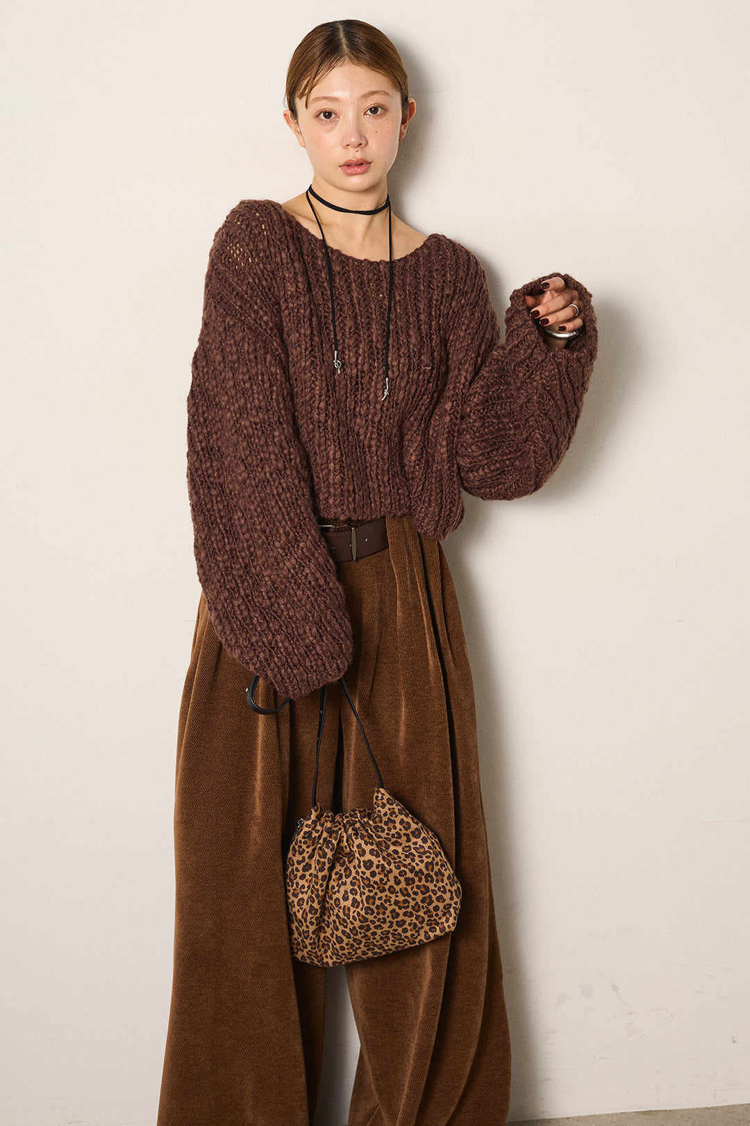 [SET]チャンキースラブニットクロップドプルオーバー+ベルトループコーデュロイワイドパンツ(2set)