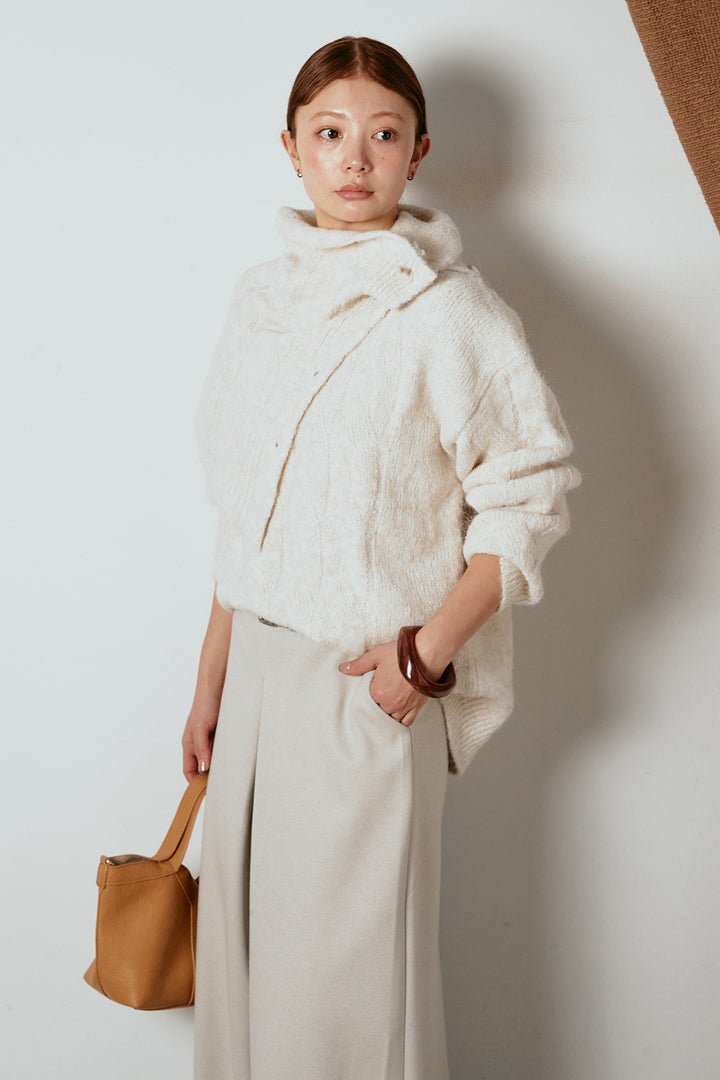 [SET]ケープデザインケーブルニットトップス+ベルト付きフロントタックデザインパンツ(2set)