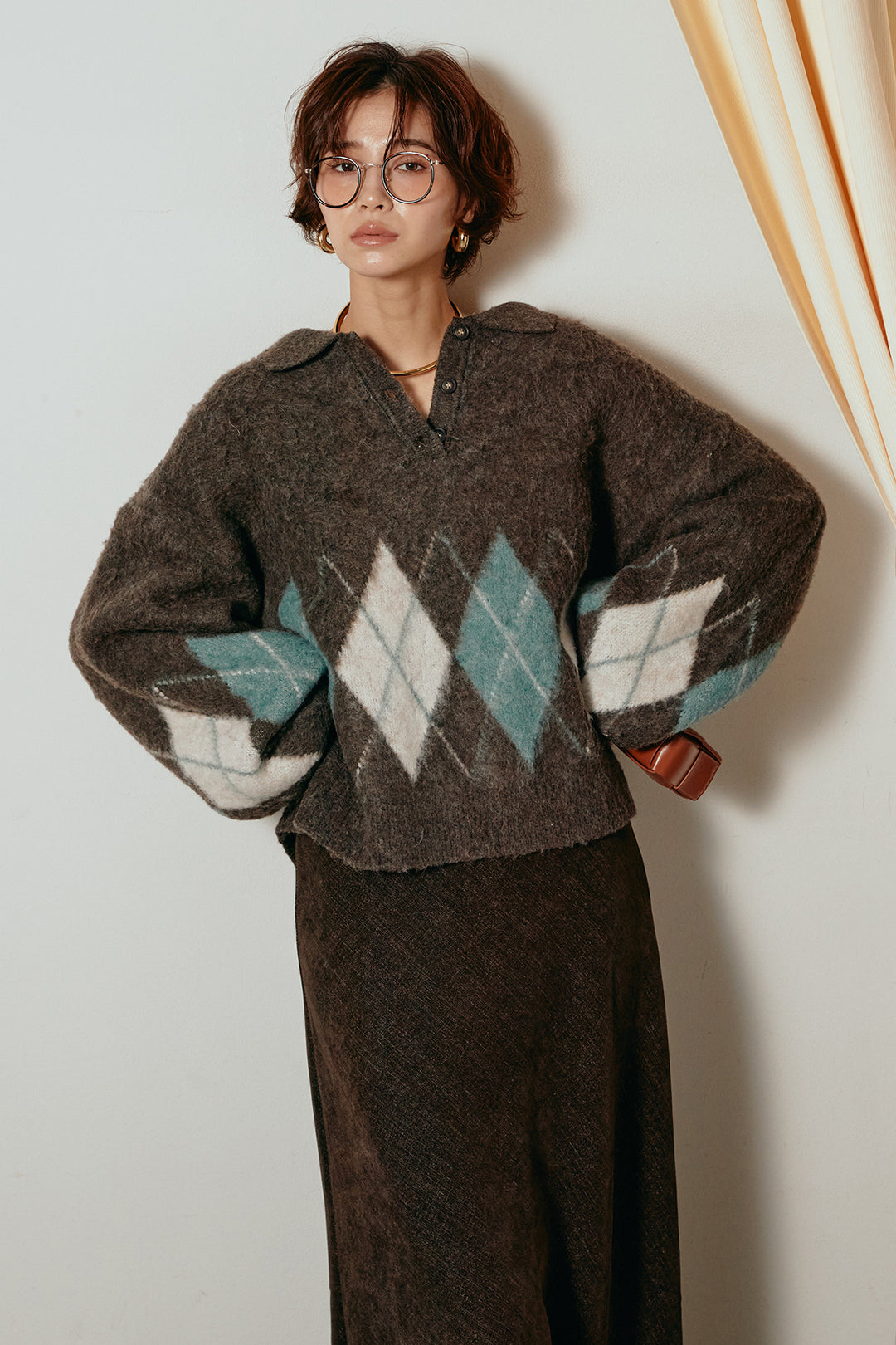 [SET]アーガイル柄ポロニットトップス+スウェードライクロングスカート(2set)