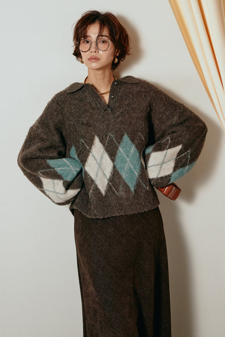 [SET]アーガイル柄ポロニットトップス+スウェードライクロングスカート(2set)