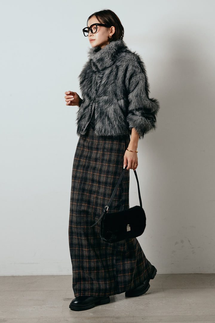 [SET]エコファーショート丈ブルゾン+シャギーチェックストレートスカート(2set)