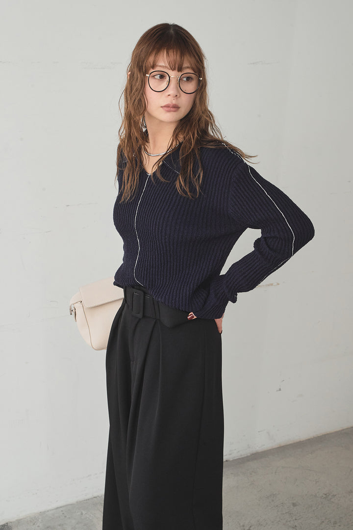 [SET]衿付きニットプルオーバー+ベルト付きツータックワイドパンツ(2set)