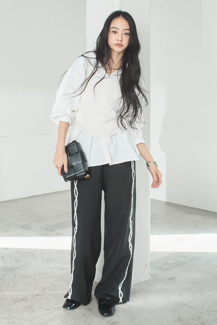 [SET]ニットキャミ付きシャツ+刺繡テープラインパンツ(2set)