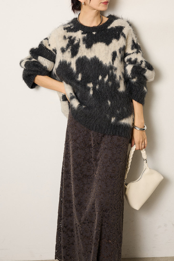 [SET]モヘアタッチマーブルニット+花柄刺繍ベロアフレアスカート(2set)