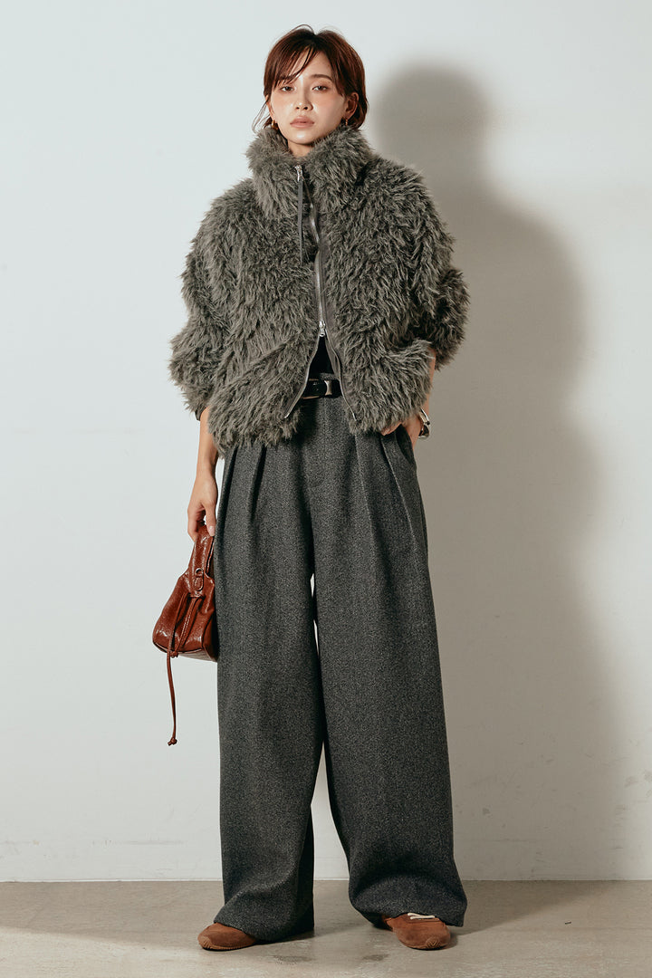 [SET]ミックスシープファースタンドブルゾン+フェイクウールタックトラウザーズパンツ(2set)