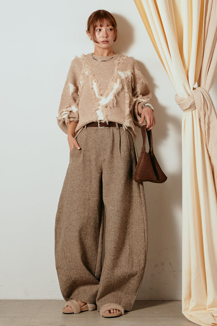 [SET]シャギージャガードニットトップス+ベルト付きネップツイードカーブパンツ(2set)