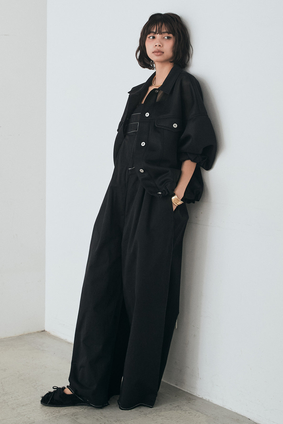 [SET]シアーダンボールサイドドロストジャケット+綿ツイルアシメサロペット(2set)