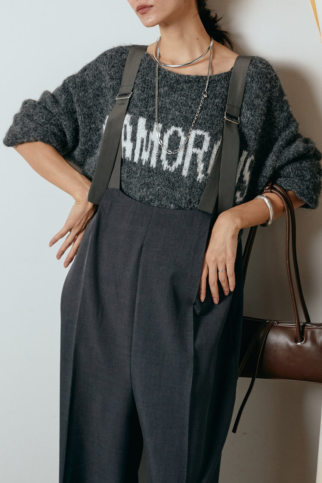 [SET]フロントロゴデザインニットトップス+ワイドツイルサロペット(2set)