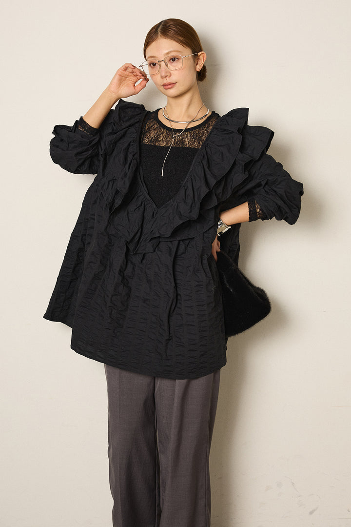 [SET]Vネックフリルカラーブラウス+ストレッチレースクルーネックインナー(2set)