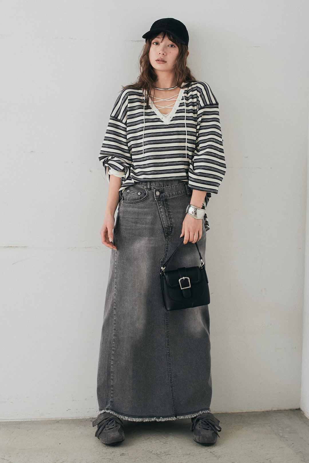 [SET]レースアップワッフルボーダートップス+ウエストクロスデニムタイトスカート(2set)