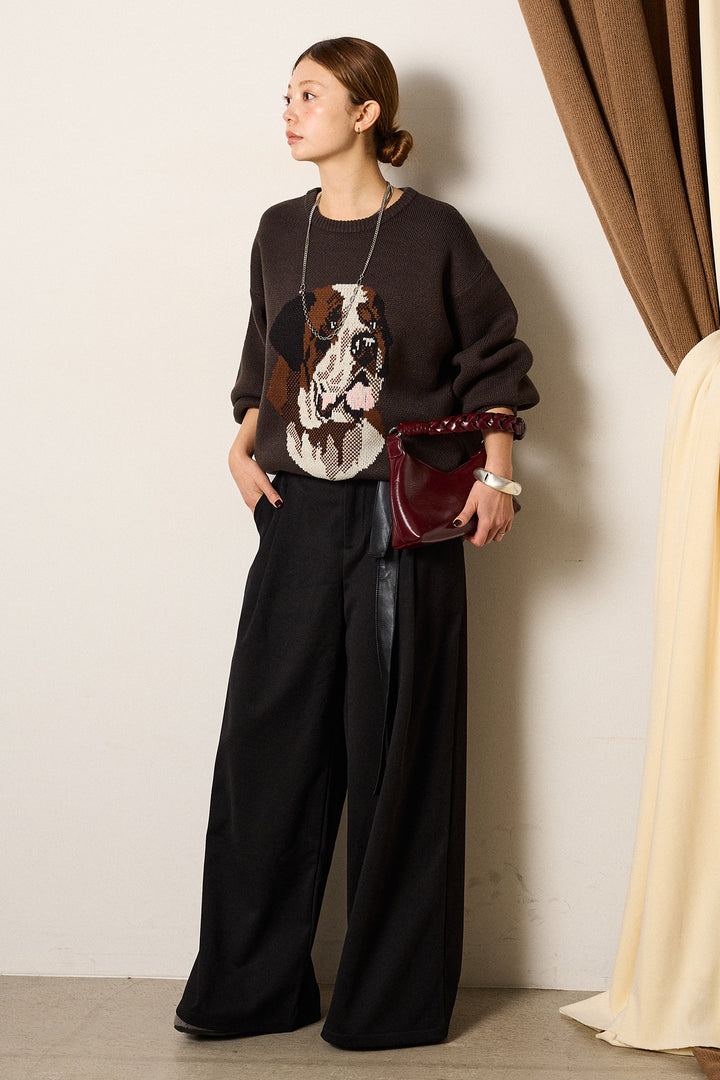 [SET]アニマルジャガード柄ニットトップス+巻ベルトウエストレザーライクワイドパンツ(2set)