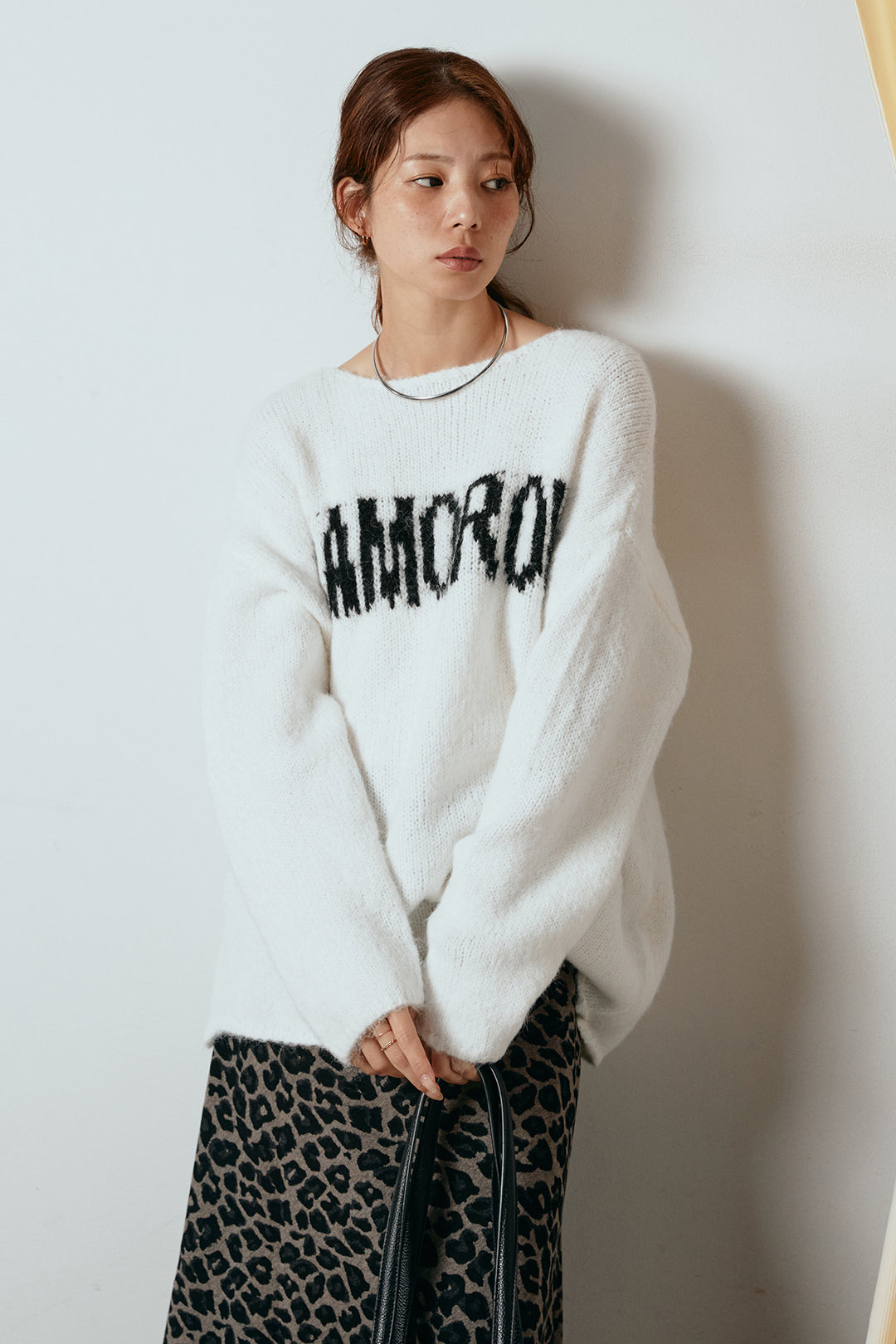 [SET]フロントロゴデザインニットトップス+レオパードロングスカート(2set)