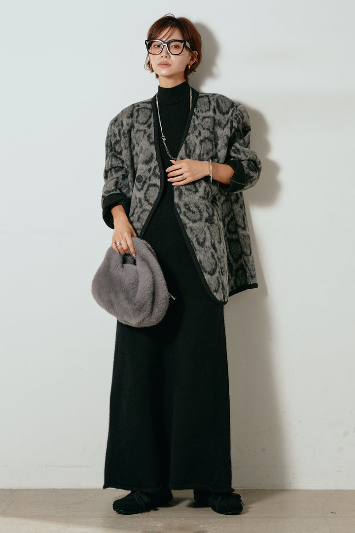 [SET]ノーカラーレオパード柄アウター+ノースリーブニットロングワンピース(2set)