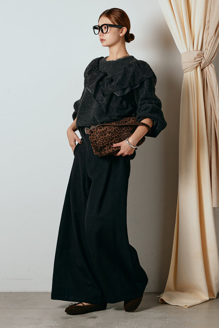 [SET]アシンメトリーフリルニットトップス+ポーチベルト付きカーブパンツ(2set)