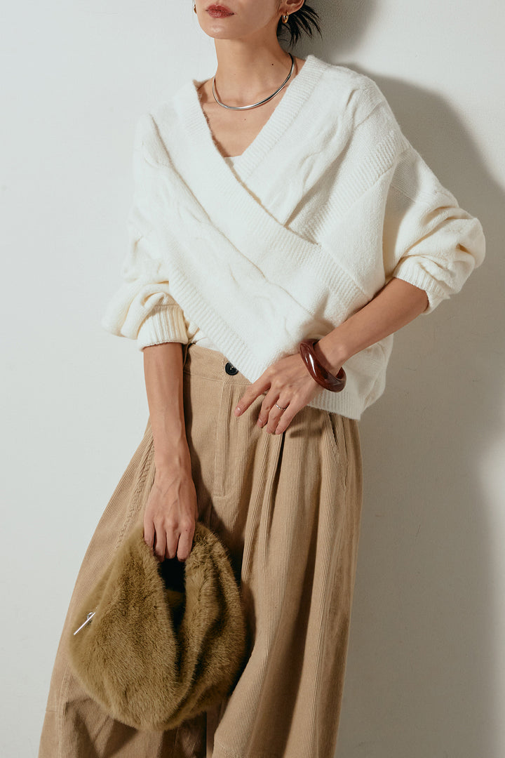 [SET]ケーブルカシュクールニットトップス+タック入りコーデュロイワイドパンツ(2set)