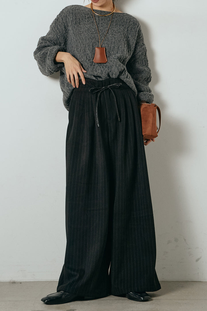[SET]ボリューム編みニットプルオーバー+編みベルト付きピンストライプワイドパンツ(2set)