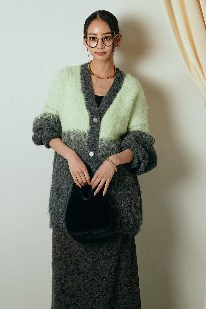 [SET]起毛グラデーションニットカーディガン+花柄刺繍ベロアフレアスカート(2set)