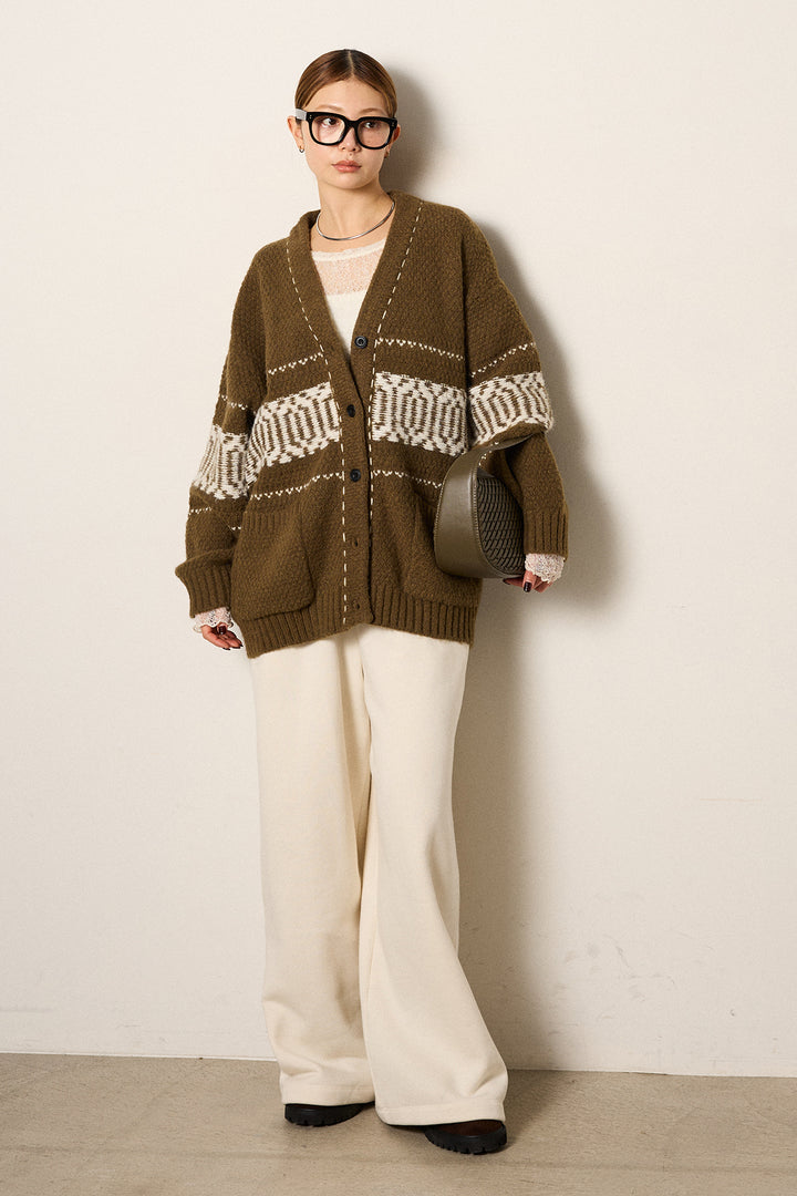 [SET]ライン柄ステッチニットカーディガン+2WAY袖コード刺繍クルーネックプルオーバー+裏起毛スウェットワイドパンツ(3set)