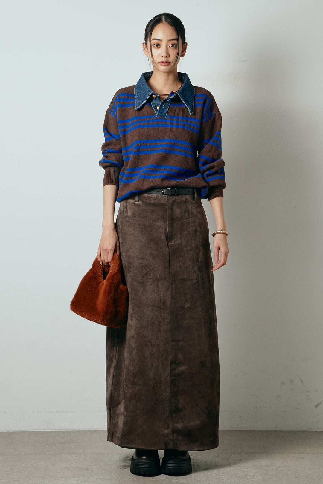 [SET]デニムレイヤード風ランダムボーダーニットプルオーバー+エコスウェードワイドスカート(2set)