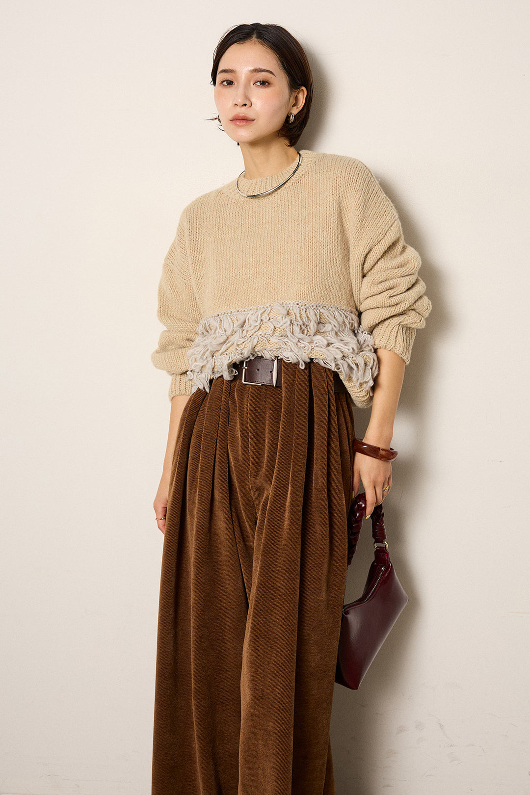 [SET]ループ編み切り替えニットプルオーバー+ベルトループコーデュロイワイドパンツ(2set)