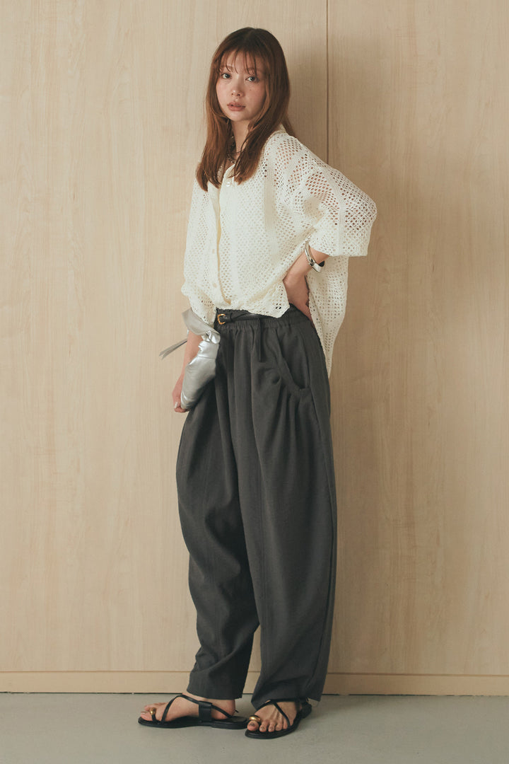 [SET]長袖襟付きレースシャツ+ポケットタックフォルムパンツ(2set)