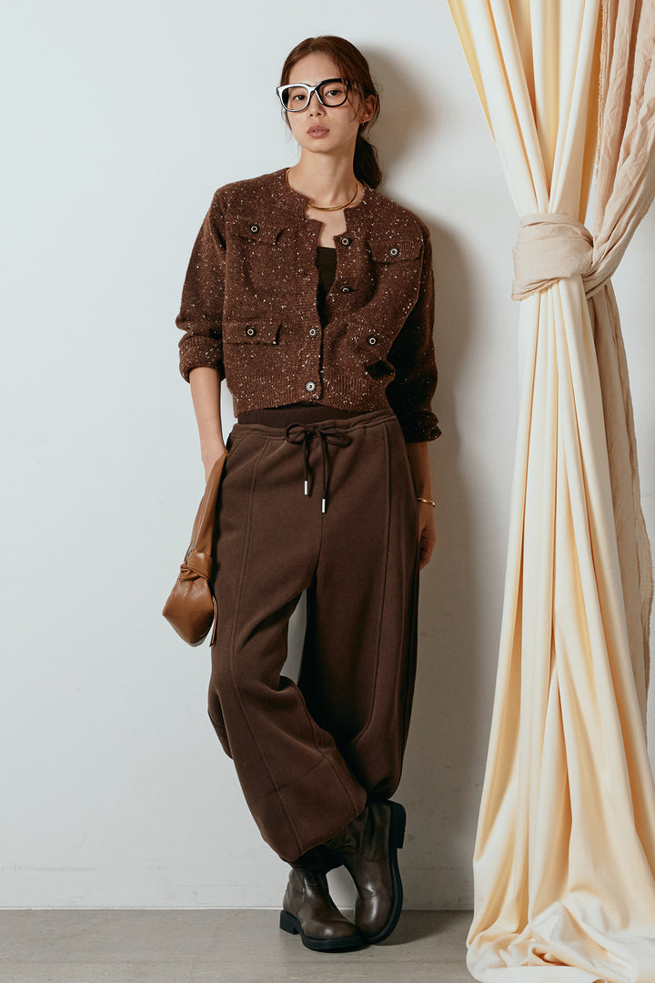 [SET]ネップニットカーディガン+スウェットワイドカーブパンツ(2set)