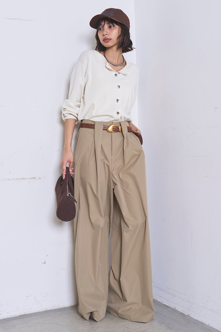 [SET]リサイクルポリニュアンス釦カーデ+ベルトループデザインハイウエストタックパンツ(2set)