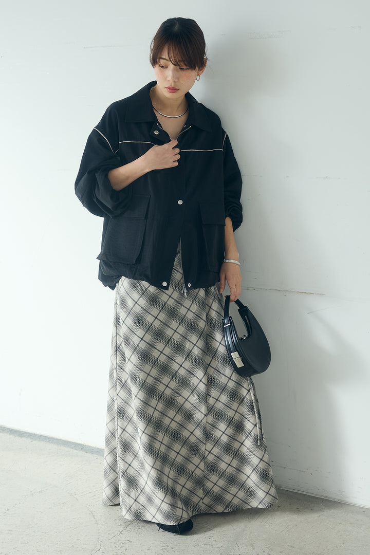 [SET]合繊ツイルバルーンジャケット+タータンチェック柄フロントデザインスカート(2set)