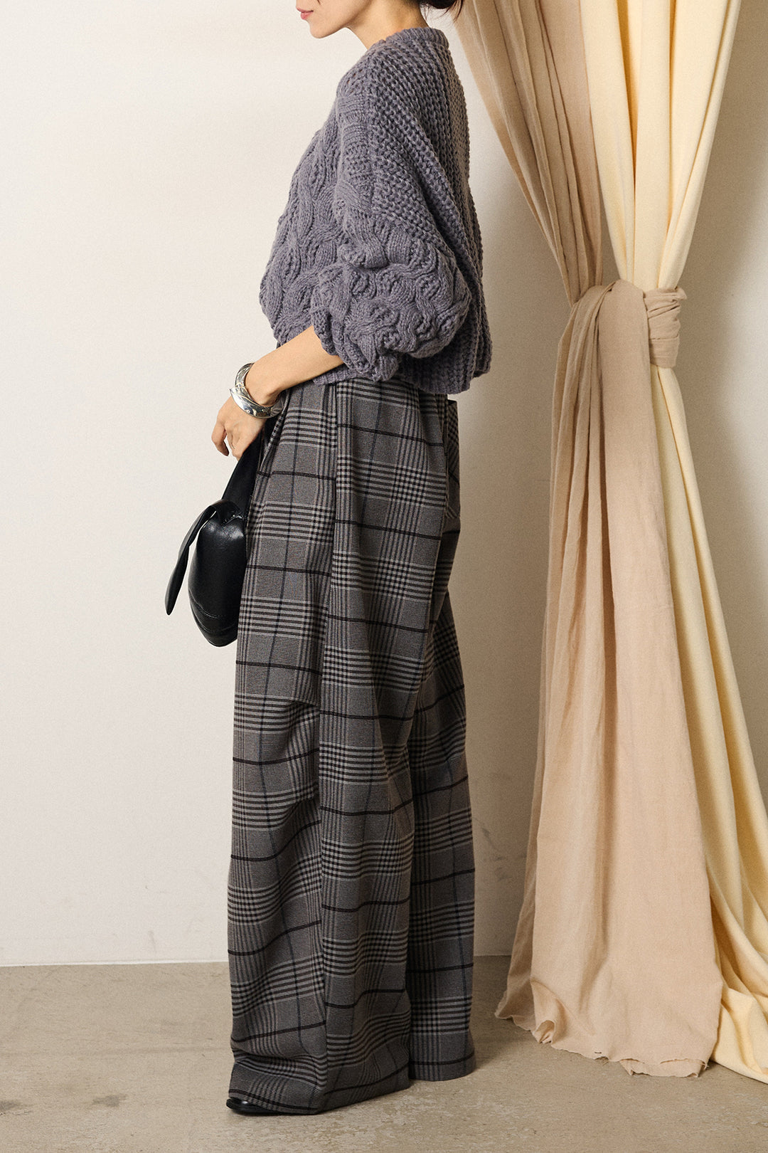 [SET]ケーブルリラックスショートニット+グレンチェックルーズタックパンツ(2set)