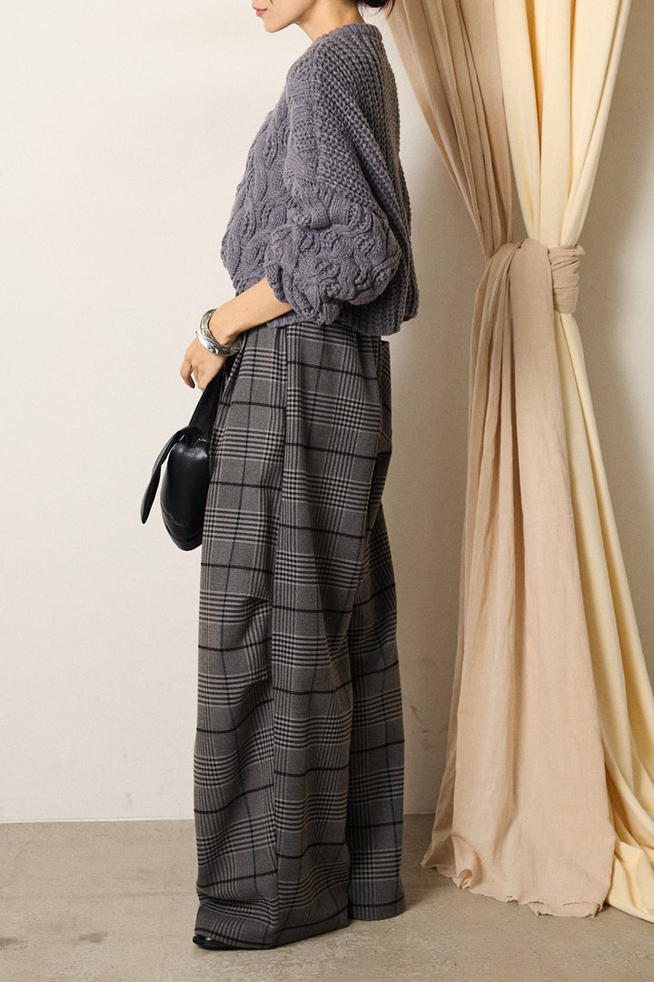 [SET]ケーブルリラックスショートニット+グレンチェックルーズタックパンツ(2set)
