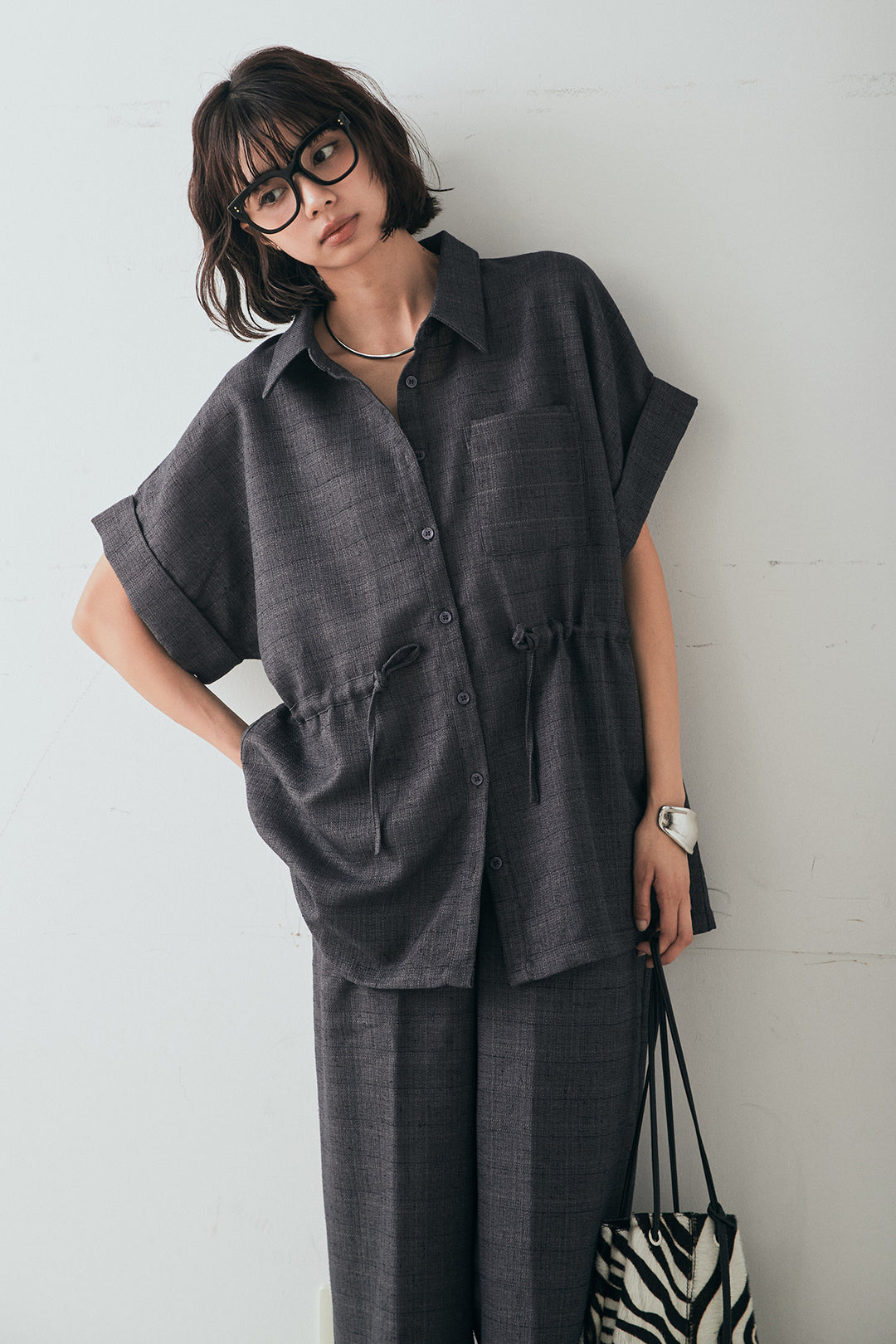 [SET]ツイードウエストドロストシャツ+ツイードタックパンツ(2set)