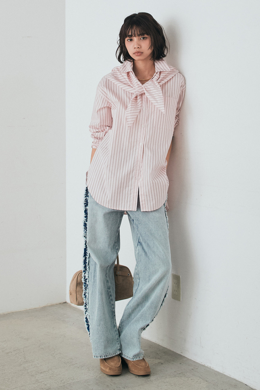 [SET]ランダムストライプスカーフ付きシャツ+デニムサイドフリルパンツ(2set)