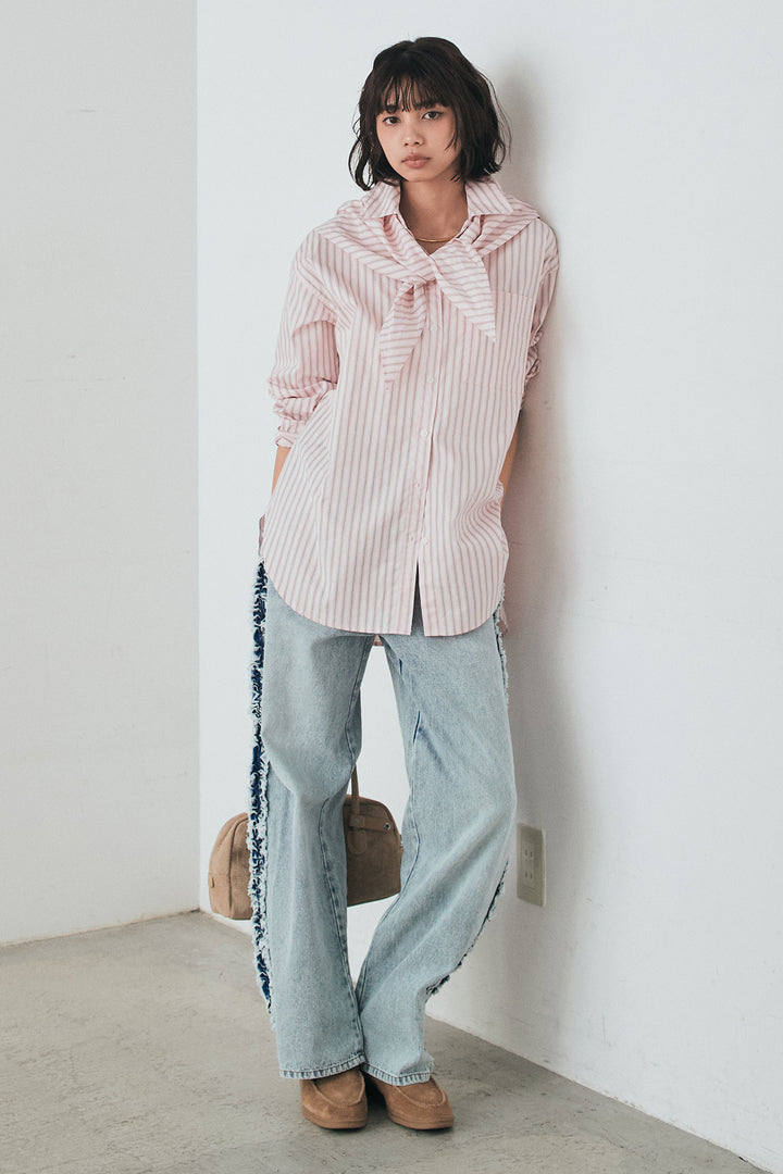 [SET]ランダムストライプスカーフ付きシャツ+デニムサイドフリルパンツ(2set)