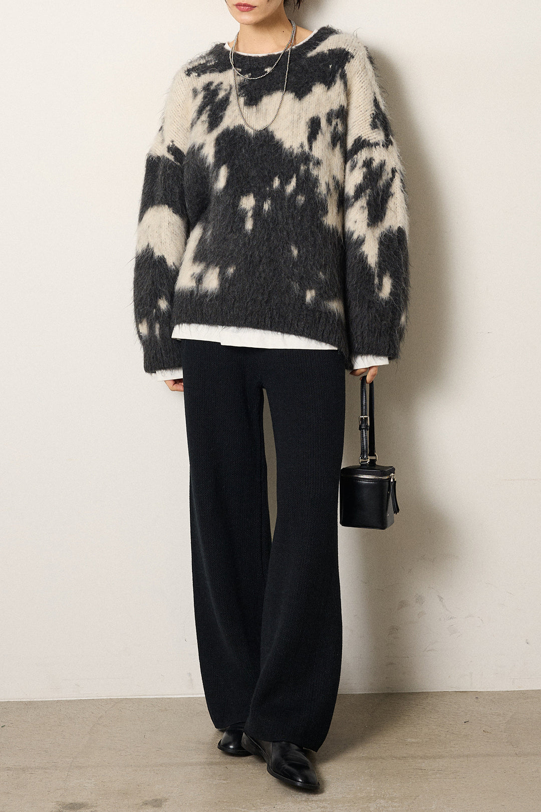 [SET]モヘアタッチマーブルニット+箔プリントBIGシルエットロングスリーブTシャツ+ワイドリブニットイージーパンツ(3set)