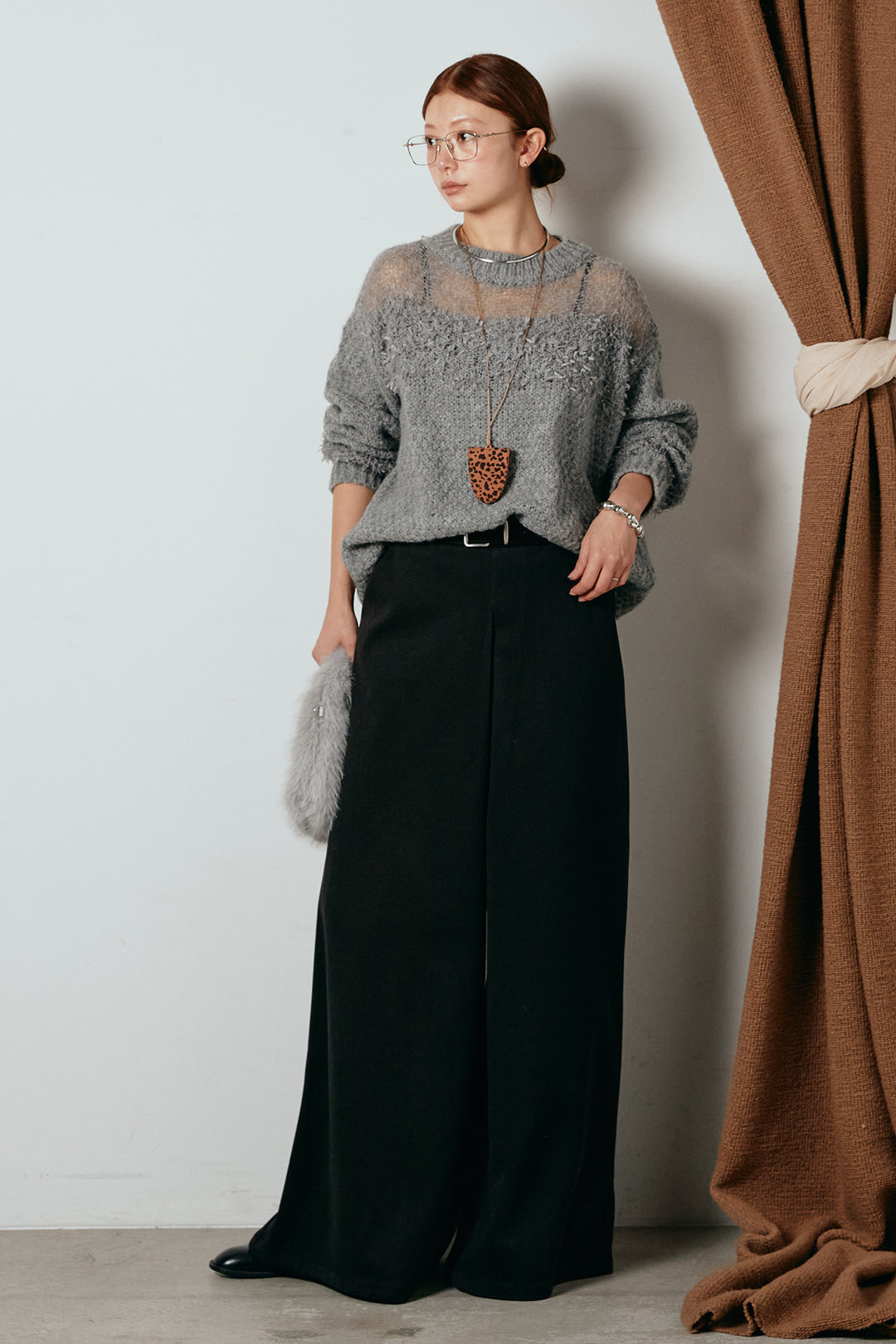 [SET]パターンランダム編みニットトップス+ベルト付きフロントタックデザインパンツ(2set)