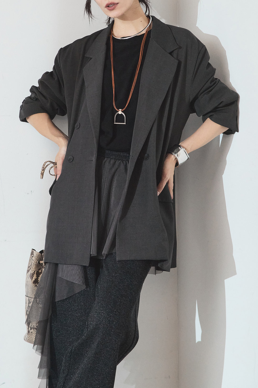 [SET]ルーズシルエットダブルテーラードジャケット+ストレッチロングTシャツ(2set)