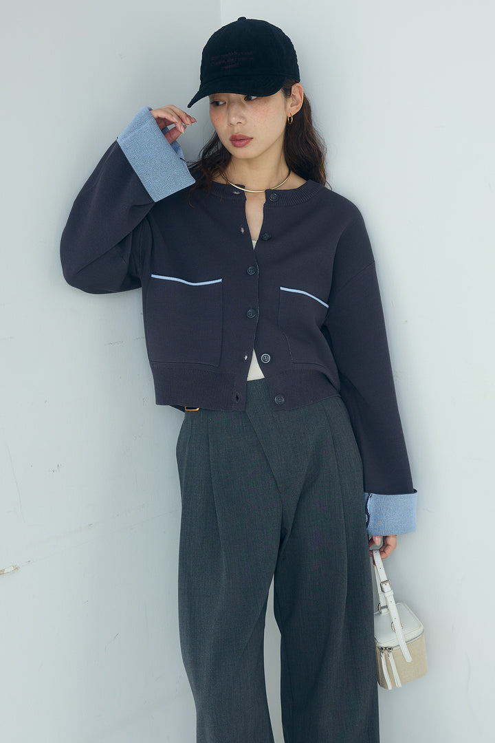 [SET]レーヨンポリダブルフェイスカーディガン+サイドベルトタック入りスラックス(2set)