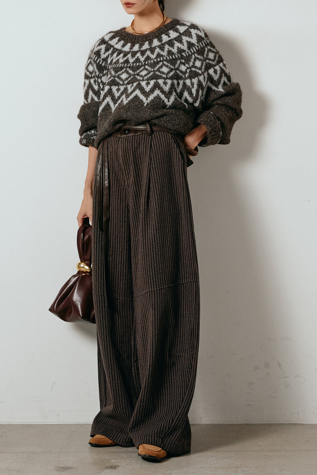 [SET]ノルディック柄Uネックプルオーバー+レザーライク配色ストライプパンツ(2set)