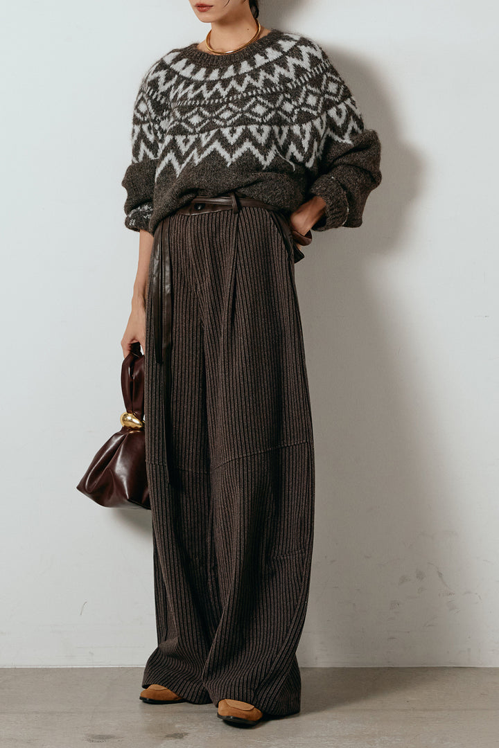 [SET]ノルディック柄Uネックプルオーバー+レザーライク配色ストライプパンツ(2set)