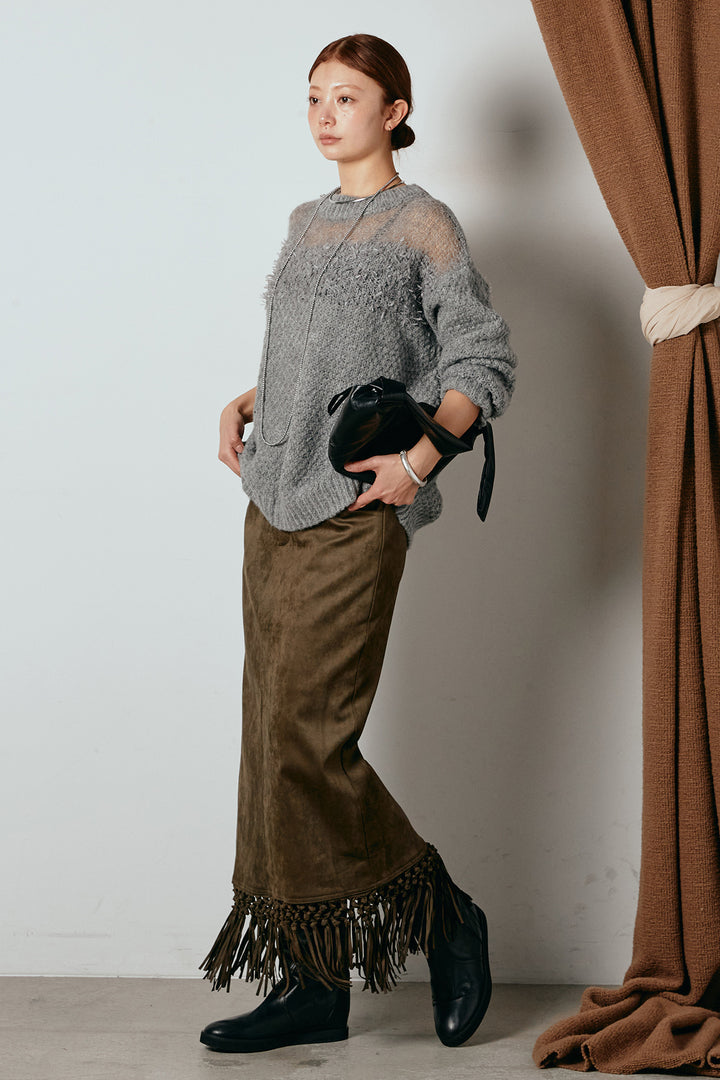 [SET]パターンランダム編みニットトップス+スウェードライク裾フリンジスカート(2set)