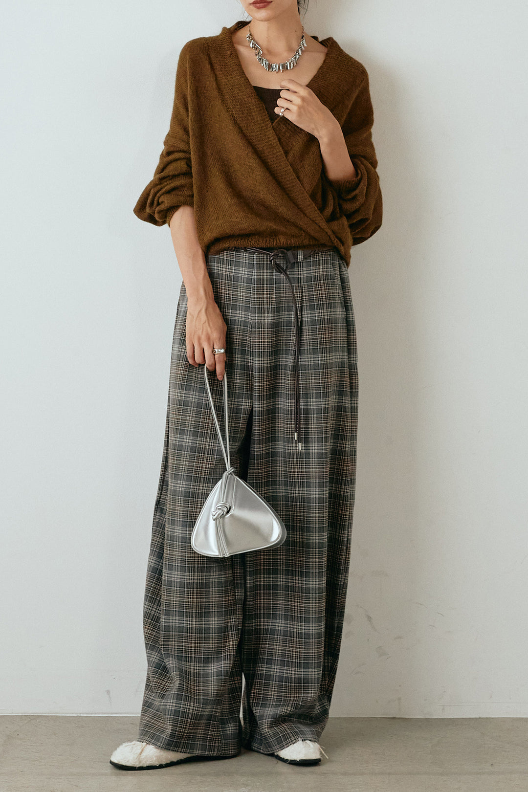 [SET]カシュクールデザインニット+編みベルト付きタータンチェックワイドパンツ(2set)