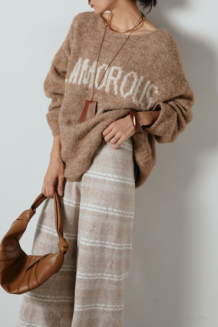 [SET]フロントロゴデザインニットトップス+マルチライン柄リラックスニットパンツ(2set)