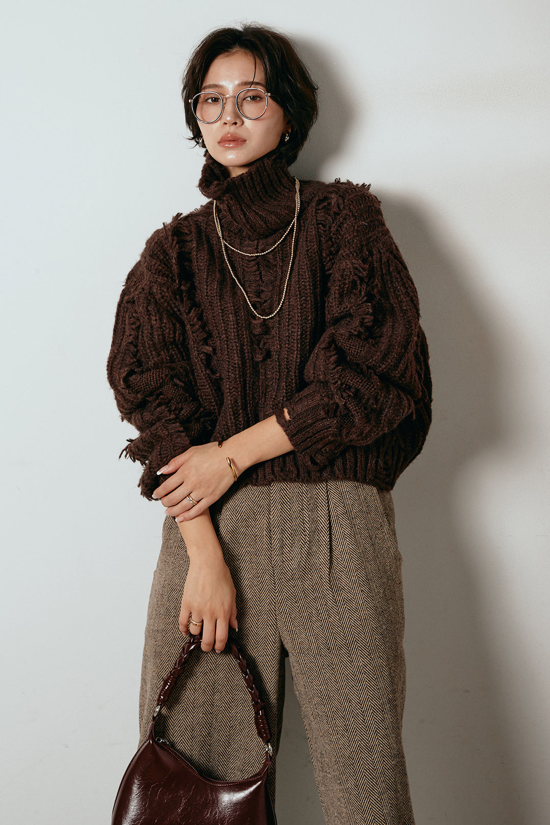 [SET]フリンジタートルショートニット+クラシックヘリンボーンサロペット(2set)