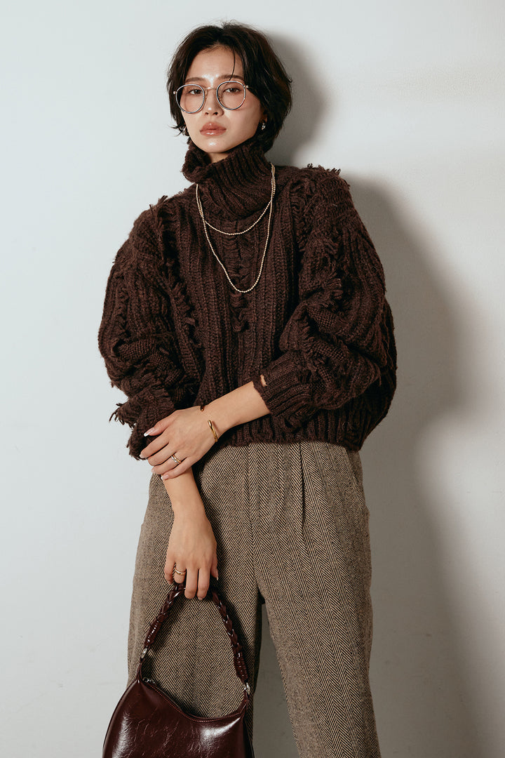 [SET]フリンジタートルショートニット+クラシックヘリンボーンサロペット(2set)