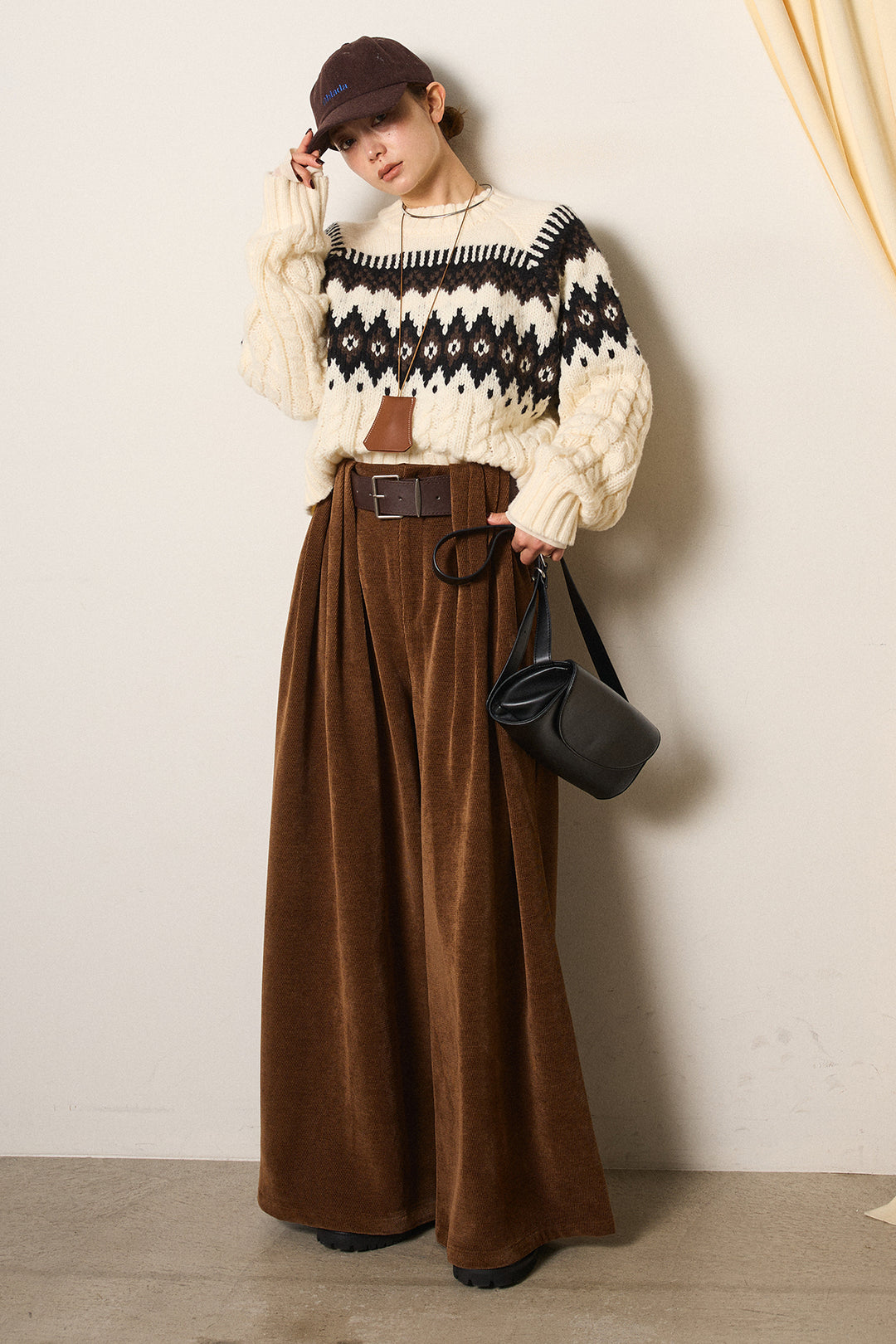 [SET]2WAY求心柄ジャガードショートカーディガン+ベルトループコーデュロイワイドパンツ(2set)